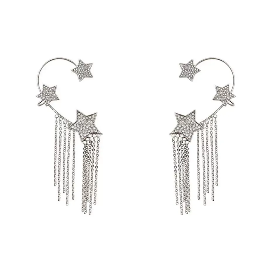 Star tassel earrings French full diamond tassel earrings women's unique cold style ear hanging ear clip earrings