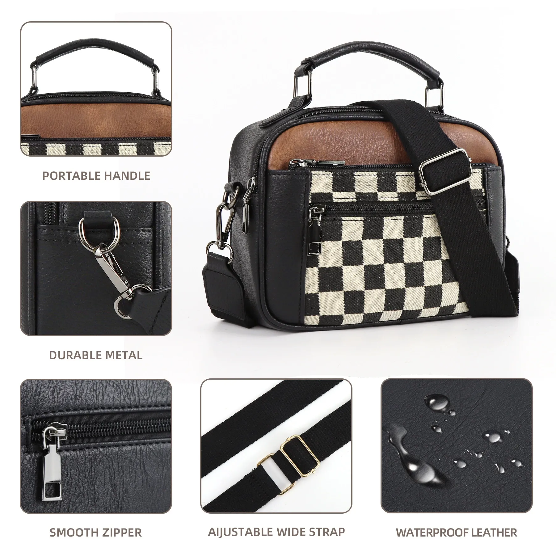 Hot selling canvas checkerboard double zipper handle fashionable crossbody shoulder handbag PU square bag