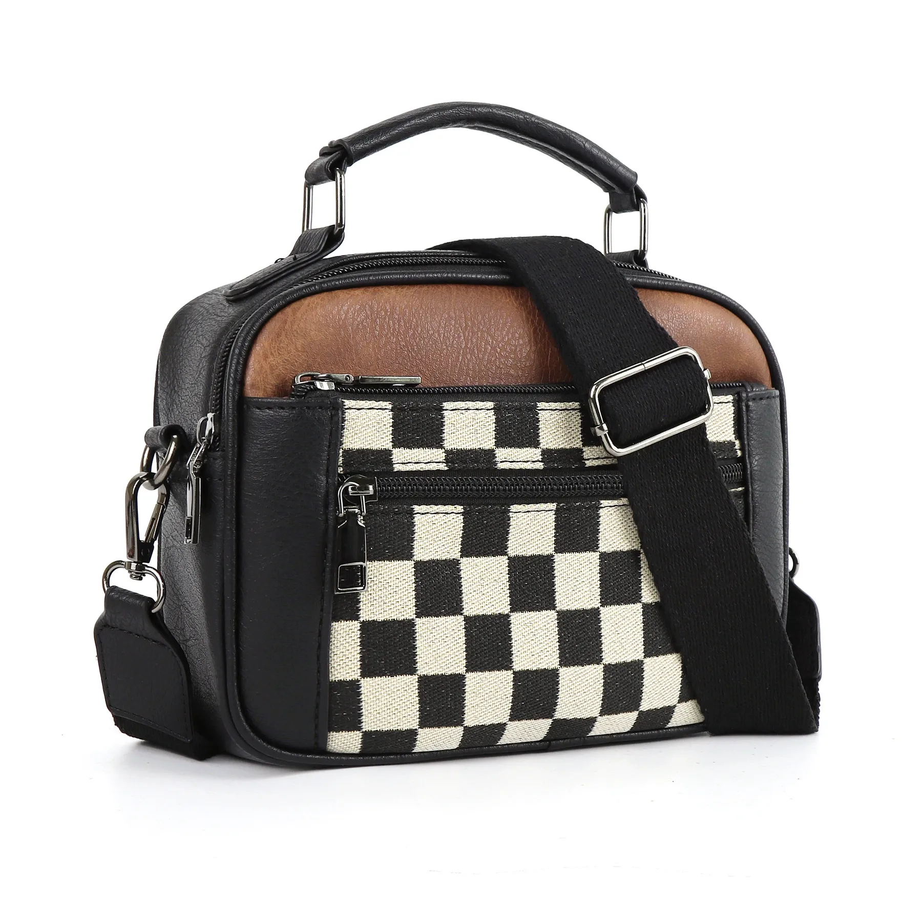 Hot selling canvas checkerboard double zipper handle fashionable crossbody shoulder handbag PU square bag