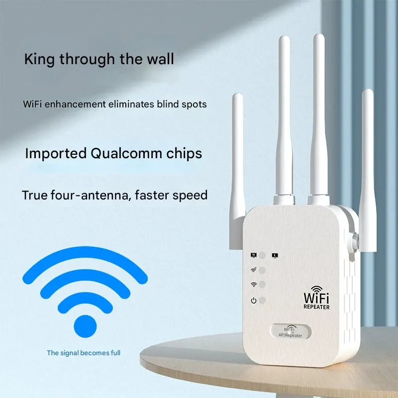 He Wi-Fi signal booster is really awesome! WIFI signal booster four antenna home wall-penetrating wireless network amplifier amplifier 1200M repeater