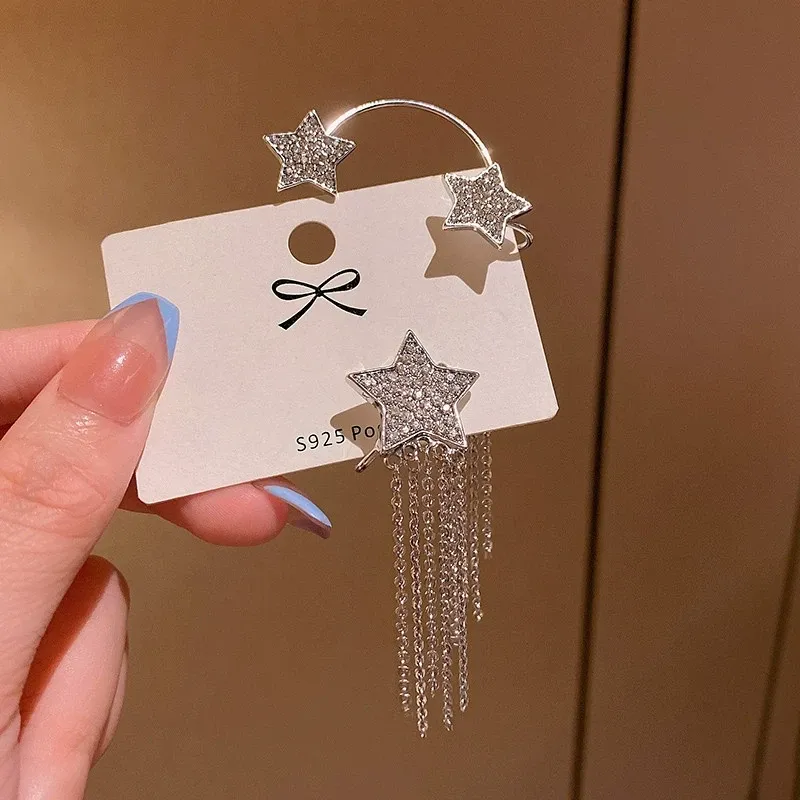 Star tassel earrings French full diamond tassel earrings women's unique cold style ear hanging ear clip earrings