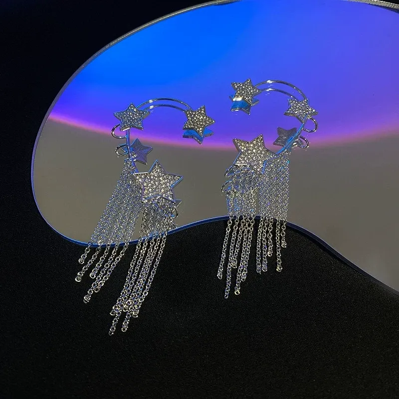 Star tassel earrings French full diamond tassel earrings women's unique cold style ear hanging ear clip earrings