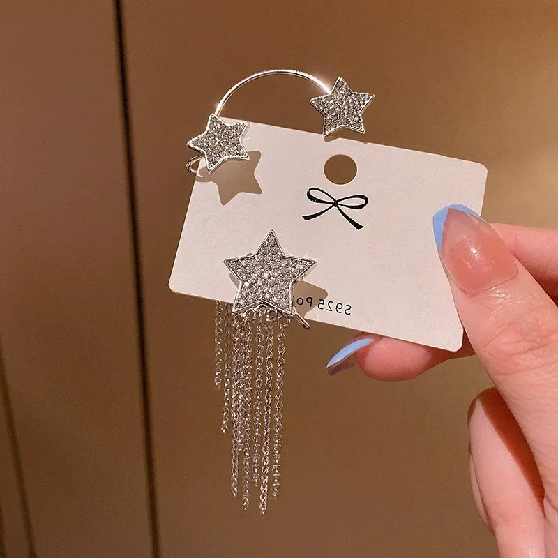 Star tassel earrings French full diamond tassel earrings women's unique cold style ear hanging ear clip earrings