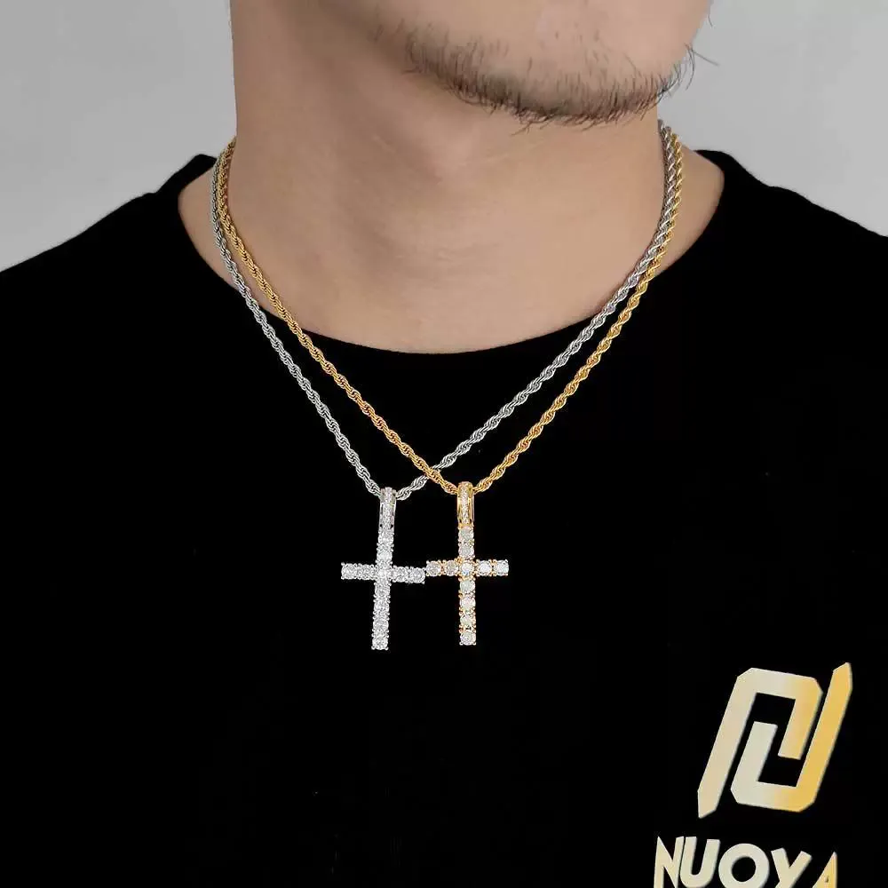 Hip-hop micro-inlaid zircon solid small cross pendant real gold electroplated trendy hip-hop men's necklace