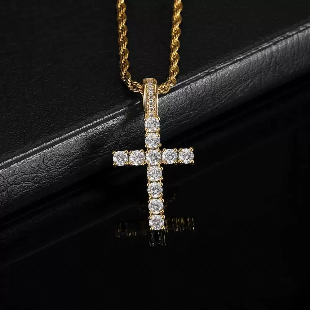 Hip-hop micro-inlaid zircon solid small cross pendant real gold electroplated trendy hip-hop men's necklace