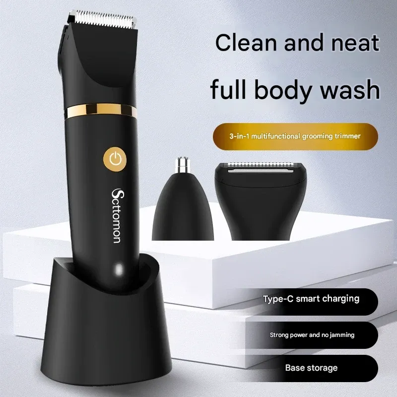 Men's multifunctional shaver, full body washable 3-in-1 shaver with storage base for electric shaver