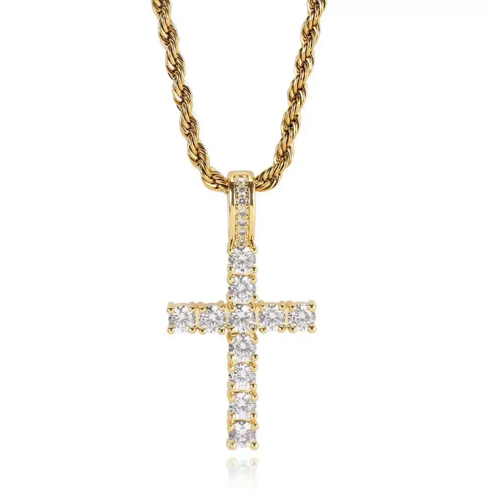 Hip-hop micro-inlaid zircon solid small cross pendant real gold electroplated trendy hip-hop men's necklace