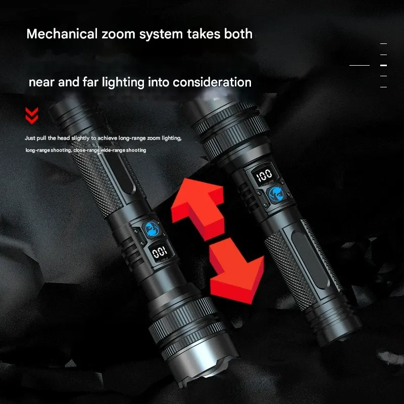 Bright laser flashlight with long battery life, telescopic zoom, outdoor multi-function emergency flashlight