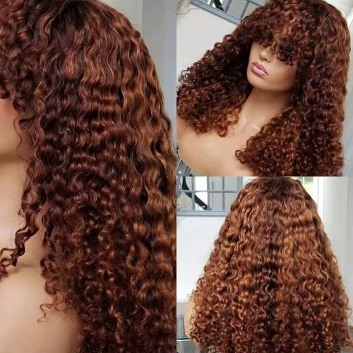 Haut de gamme teint rouge brun bouffant cheveux bouclés vison cheveux vierges brésiliens cuticules cheveux alignés 13*6 dentelle devant ruque bandeau frange