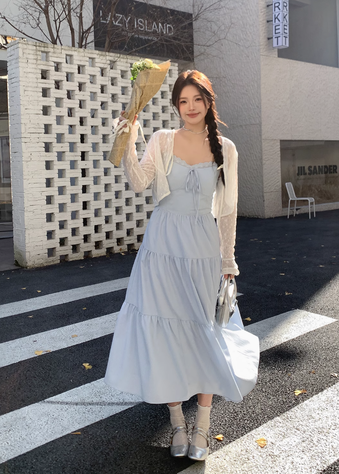 張大人淺春系穿搭大碼女裝胖mm顯瘦連衣裙法式溫柔風baby藍吊帶裙