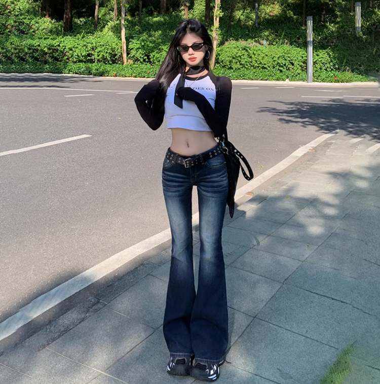 美式懷舊低腰辣妹微喇叭牛仔褲女2025新款百搭彈力修身顯瘦馬蹄褲