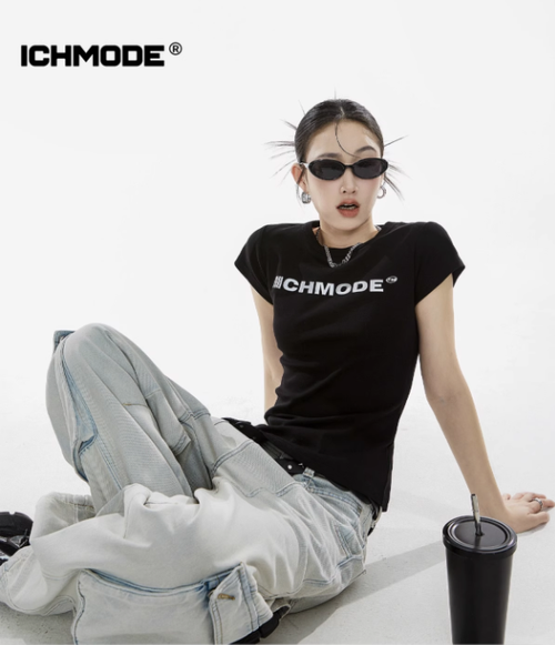 ICH MODE 美式修身正肩短袖T恤女夏季新款短款辣妹半袖黑色上衣