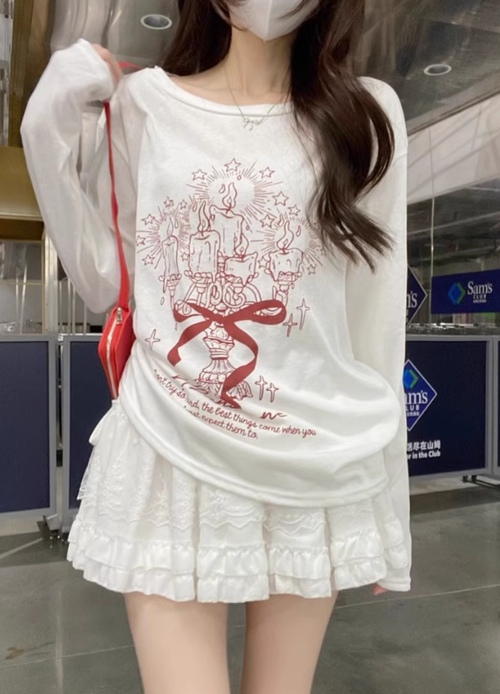 kumikumi塗鴉印花白色斜露肩長袖罩衫T恤女春夏季設計小眾抽繩上衣