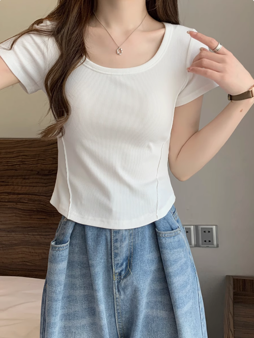 拉夏貝爾白色正肩短袖t恤女夏季2025年新款圓領修身顯瘦短款上衣
