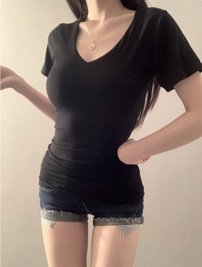 設計感純色正肩V領短袖t卹女2025年春夏新款辣妹收腰修身打底上衣