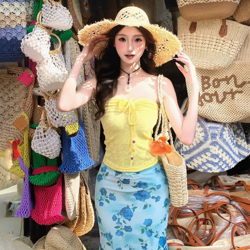 多巴胺純欲辣妹黃色抹胸綁帶上衣女夏季拍照穿搭氛圍感