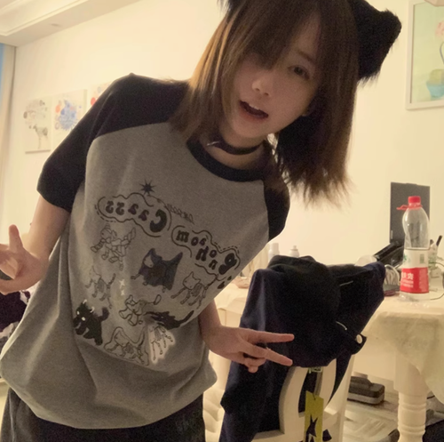 韓版hiphop復古卡通撞色插肩短袖t恤女夏季寬松原宿風高級感上衣
