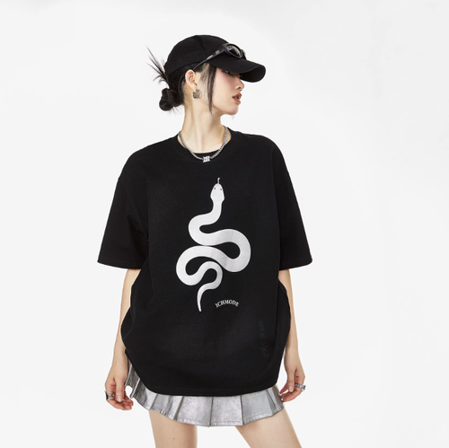 ICH MODE 美式蛇型印花黑色短袖T恤女2025夏季新款設計感半袖上衣