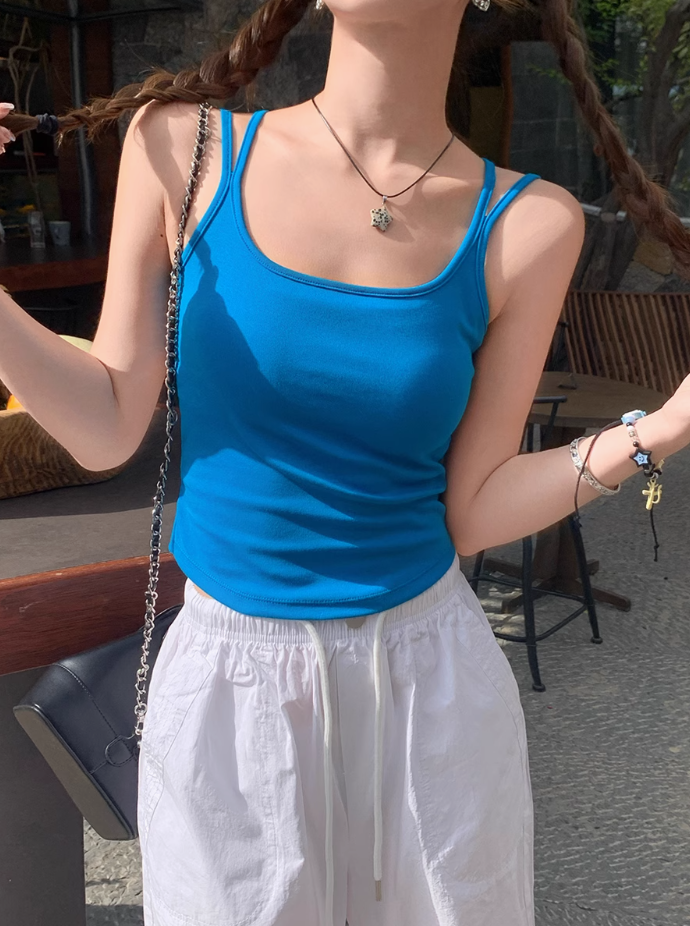 藍色吊帶背心女夏外穿內搭帶胸墊海邊穿搭美背文胸一體辣妹上衣