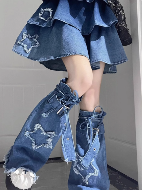 漸變藍色牛仔辣妹套裝女吊帶連衣裙蛋糕裙夏早秋蓬蓬半身裙兩件套