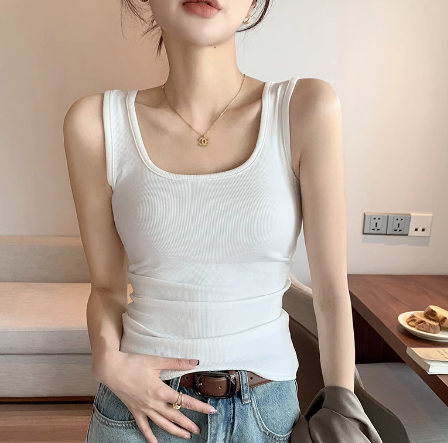 貓人白色u領吊帶背心女2025新款夏修身西裝內搭外穿螺紋上衣方領