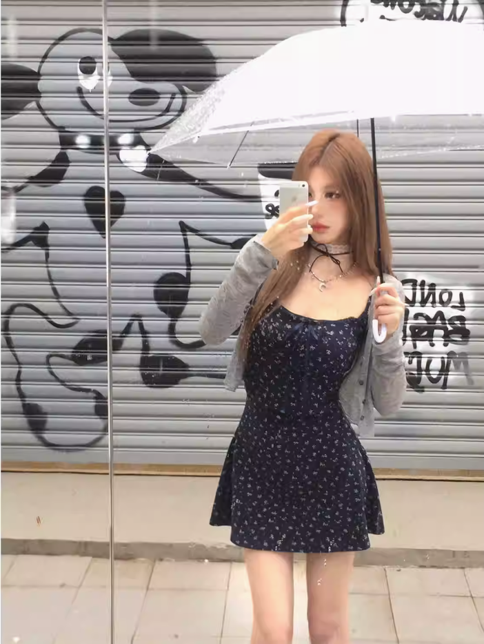 Mejiu蜜九北海花園吊帶碎花裙夏季法式連衣裙設計感辣妹裙子