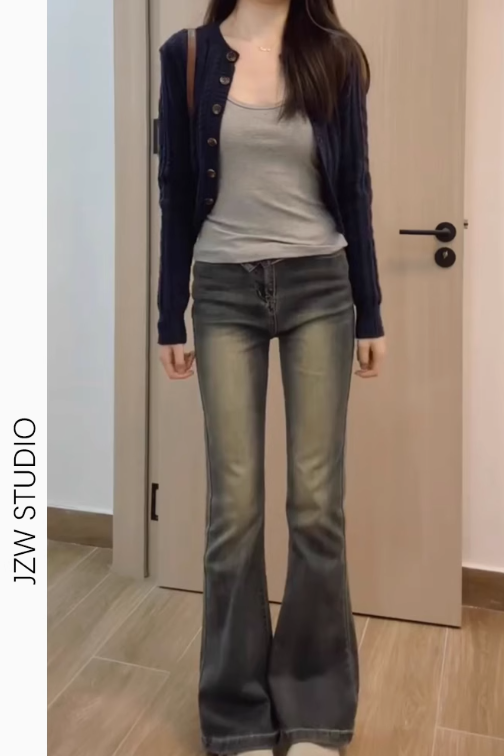 美式微喇叭牛仔褲女夏季新款復古高腰彈力顯瘦小個子拖地馬蹄長褲