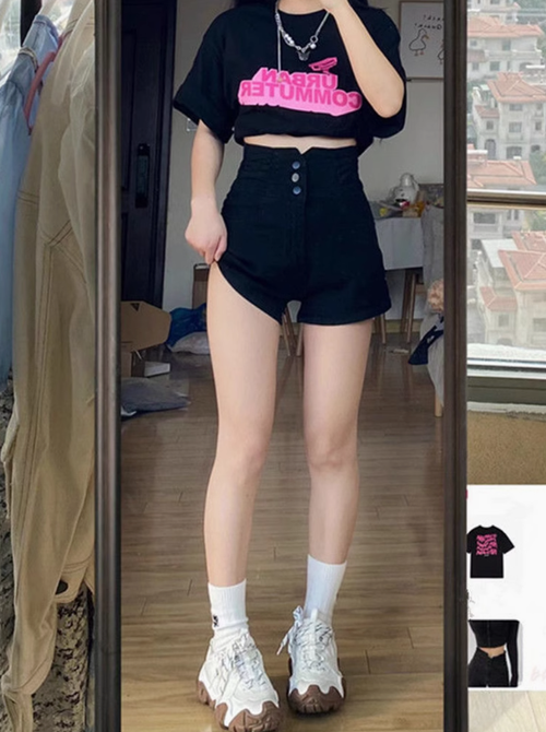 黑色高腰牛仔短褲女夏季薄款大碼胖mm顯瘦遮肚小個子a字闊腿熱褲