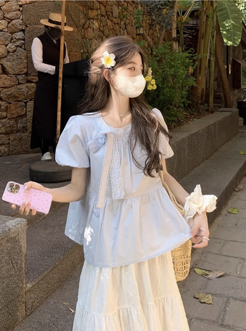 蝴蝶結蕾絲泡泡袖襯衫女夏季設計感壓褶綁帶襯衫的特別致絕美上衣