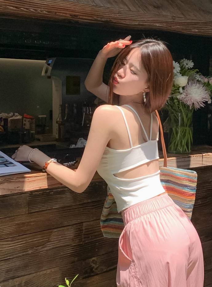 藍色吊帶背心女夏外穿內搭帶胸墊海邊穿搭美背文胸一體辣妹上衣