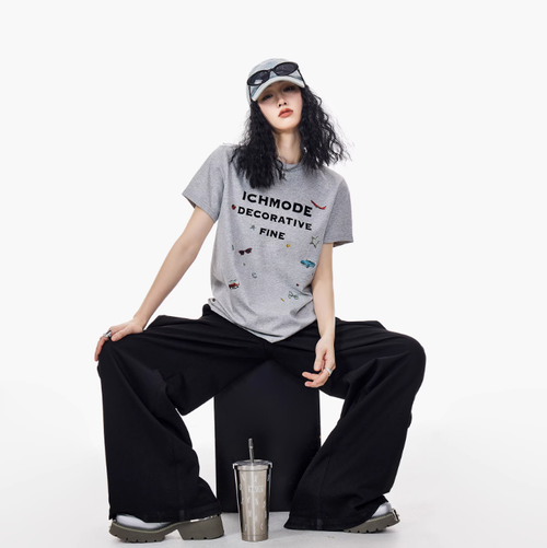 ICH MODE 美式索羅娜涼感短袖T恤女夏季設計感印花修身正肩上衣t