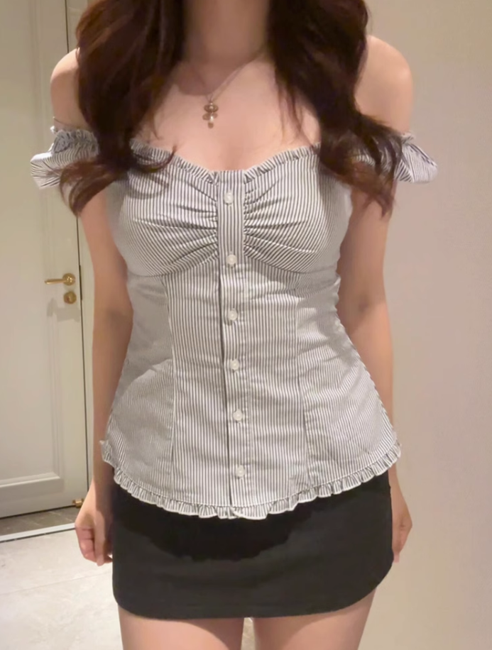藍色條紋泡泡袖襯衫上衣女夏季2025新款法式bm百搭修身短袖襯衫女
