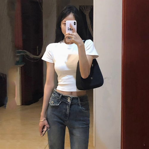 美式性感辣妹高腰短袖t恤女夏季2025年新款修身顯瘦白色內搭上衣