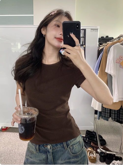 咖色內搭打底衫女夏季正肩短袖t恤圓領韓系小個子修身白色上衣