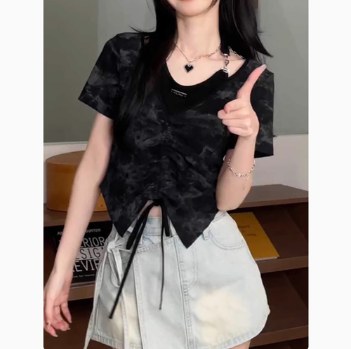 大碼夏季設計感掛脖短款短袖T恤女胖mm假兩件高級感顯瘦正肩上衣
