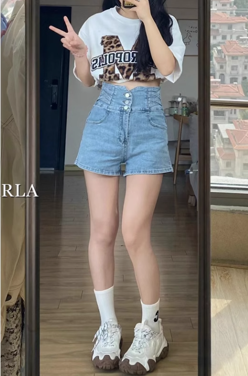 黑色高腰牛仔短褲女夏季薄款大碼胖mm顯瘦遮肚小個子a字闊腿熱褲