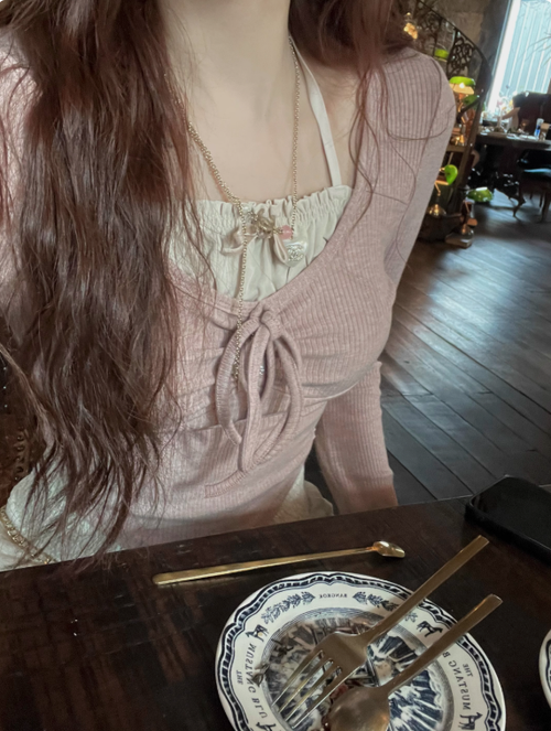 Lazydidi夢境芭蕾 甜美假兩件撞色綁帶打底衫長袖T恤修身顯瘦上衣