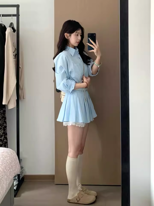 開春藍色條紋襯衫連衣裙子女夏2025新款學院風小個子a字百褶短裙