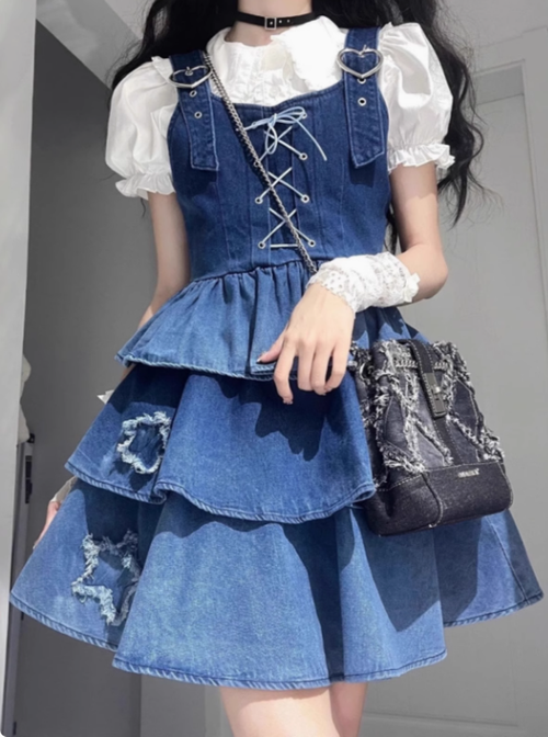漸變藍色牛仔辣妹套裝女吊帶連衣裙蛋糕裙夏早秋蓬蓬半身裙兩件套