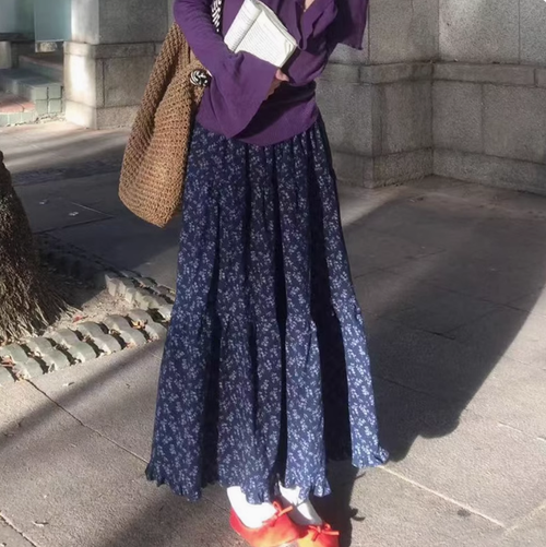 韓式復古碎花半身裙女夏季2025新款高腰a字裙休閒慵懶風春秋長裙