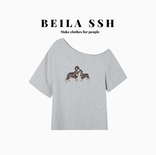 BELLA小狗灰色斜肩短袖t恤女夏季2025新款小個子體恤寬鬆露肩上衣