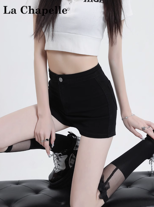 拉夏貝爾黑色牛仔短褲女2025年夏季新款高腰美式辣妹緊身a字熱褲