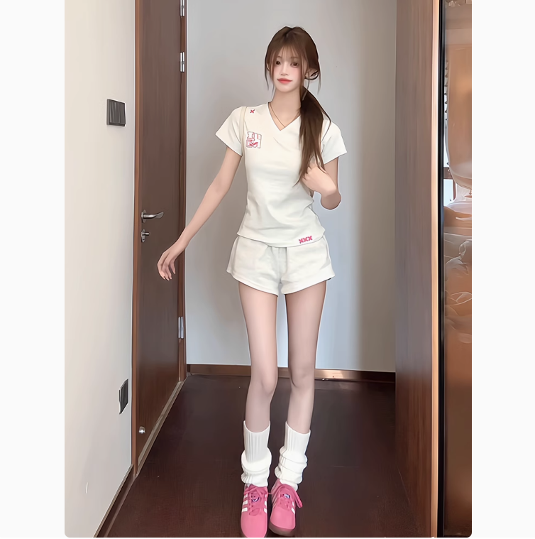 韓系少女感休閒運動服套裝女夏季穿搭甜美修身顯瘦短袖短褲兩件套