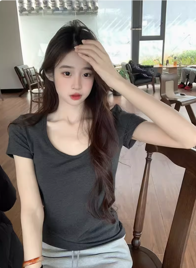 2025夏裝新款正肩U領方領短袖t卹女寬鬆獨特漂亮超好看小衫上衣