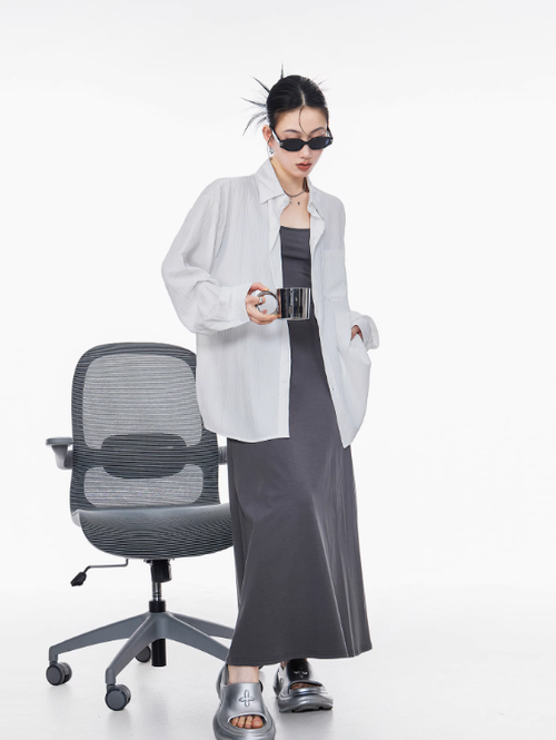 ICH MODE美式物理防曬肌理感藍色襯衫女夏季新款寬鬆襯衫外套上衣