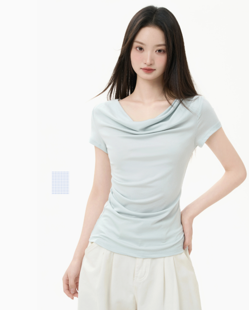 iiiamX奶藍色蕩領正肩上衣女夏季修身收腰設計感短袖t恤2025新款