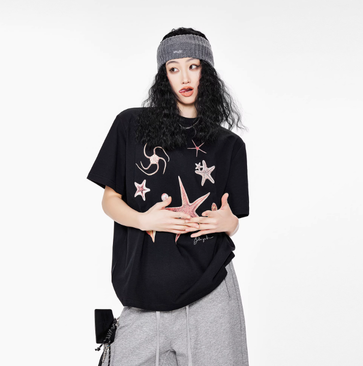 ICH MDOE 美式索羅娜涼感速乾短袖T恤女夏季海星印花正肩寬鬆上衣