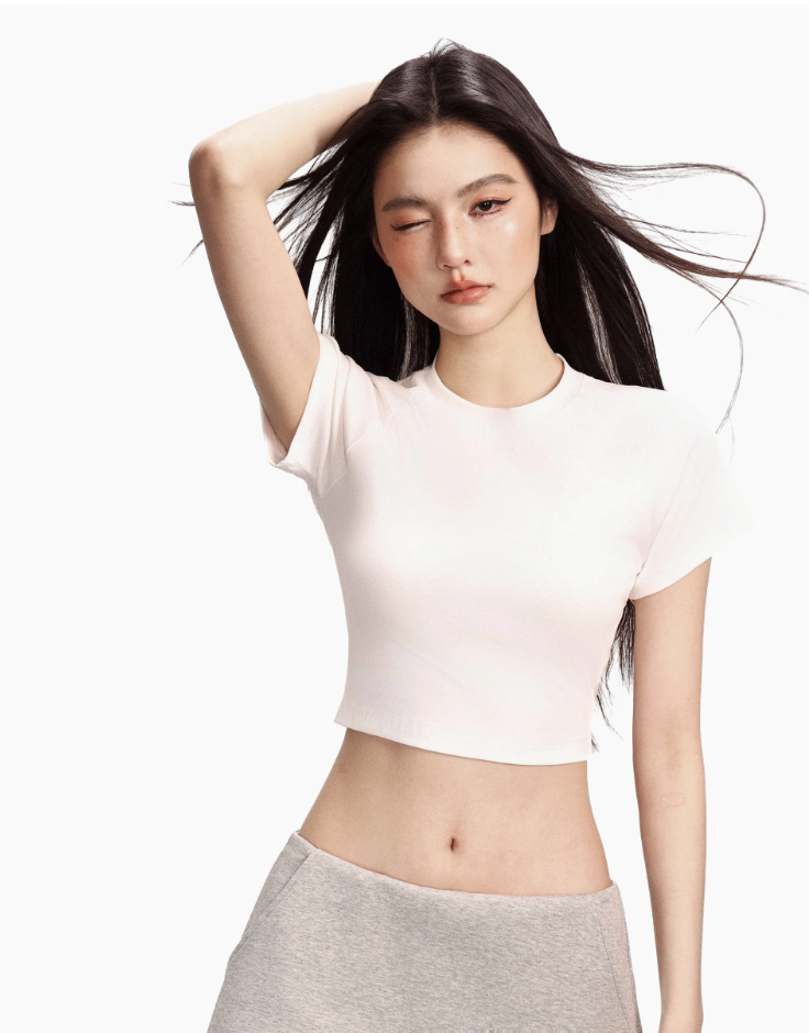 美式黑色正肩短袖t恤女夏季2025新款修身高腰辣妹短款小飛袖上衣