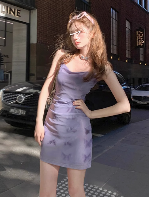 茶歇法式紫色蝴蝶吊帶連衣裙子女裝夏季2025新款性感辣妹包臀短裙
