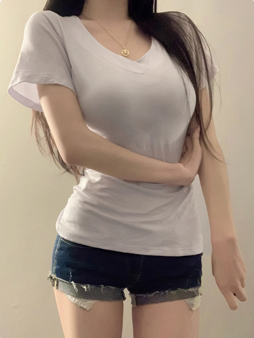 設計感純色正肩V領短袖t卹女2025年春夏新款辣妹收腰修身打底上衣